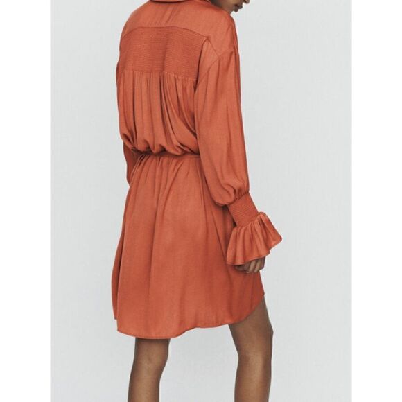 Maje Shirt dress with smocks in Terracotta with lace Size L NWT - Picture 4 of 15
